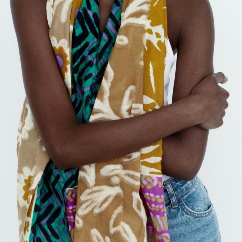 ZARA Women's Printed Cotton Scarf(Multicolor, Size:M)